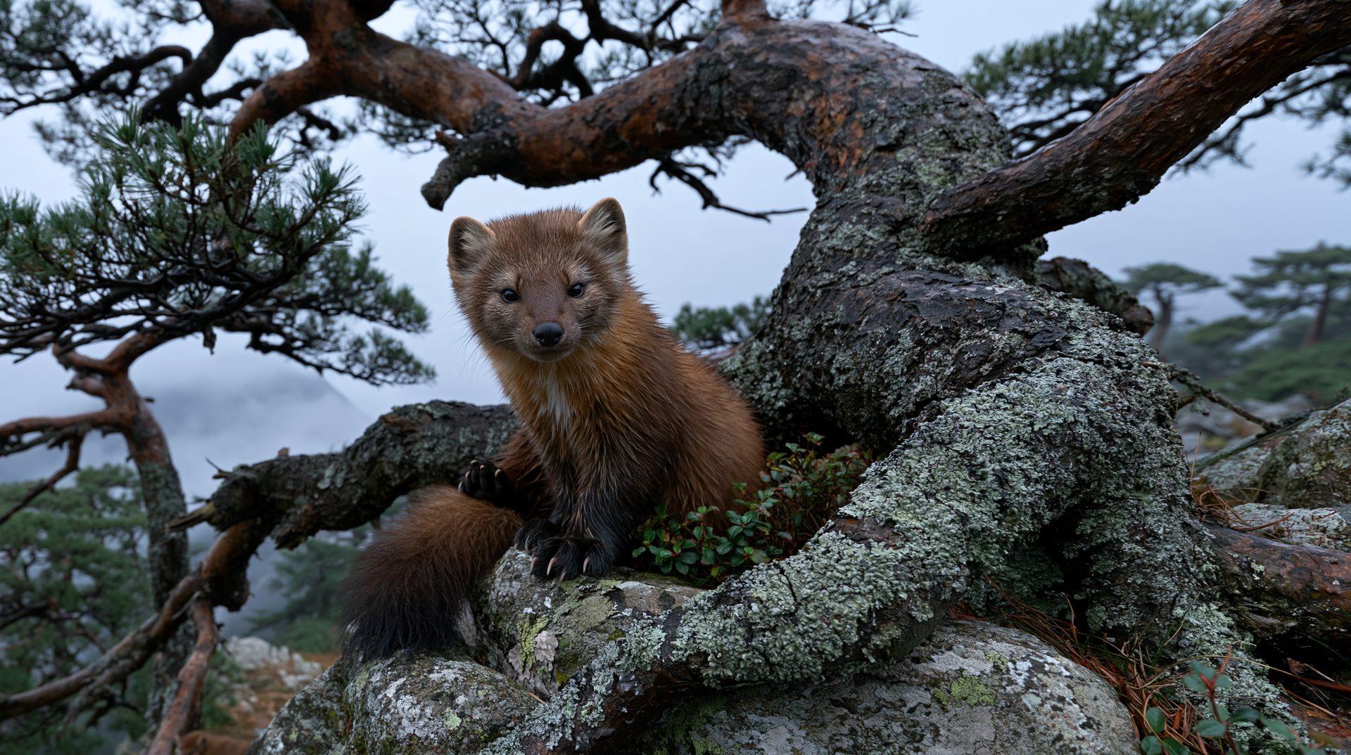 A close-up shot of a dark brown pine marten sitting among the gnarled, mossy roots of an ancient pine tree on a rocky mountain ridge, looking forward against a background of misty, rolling valleys.