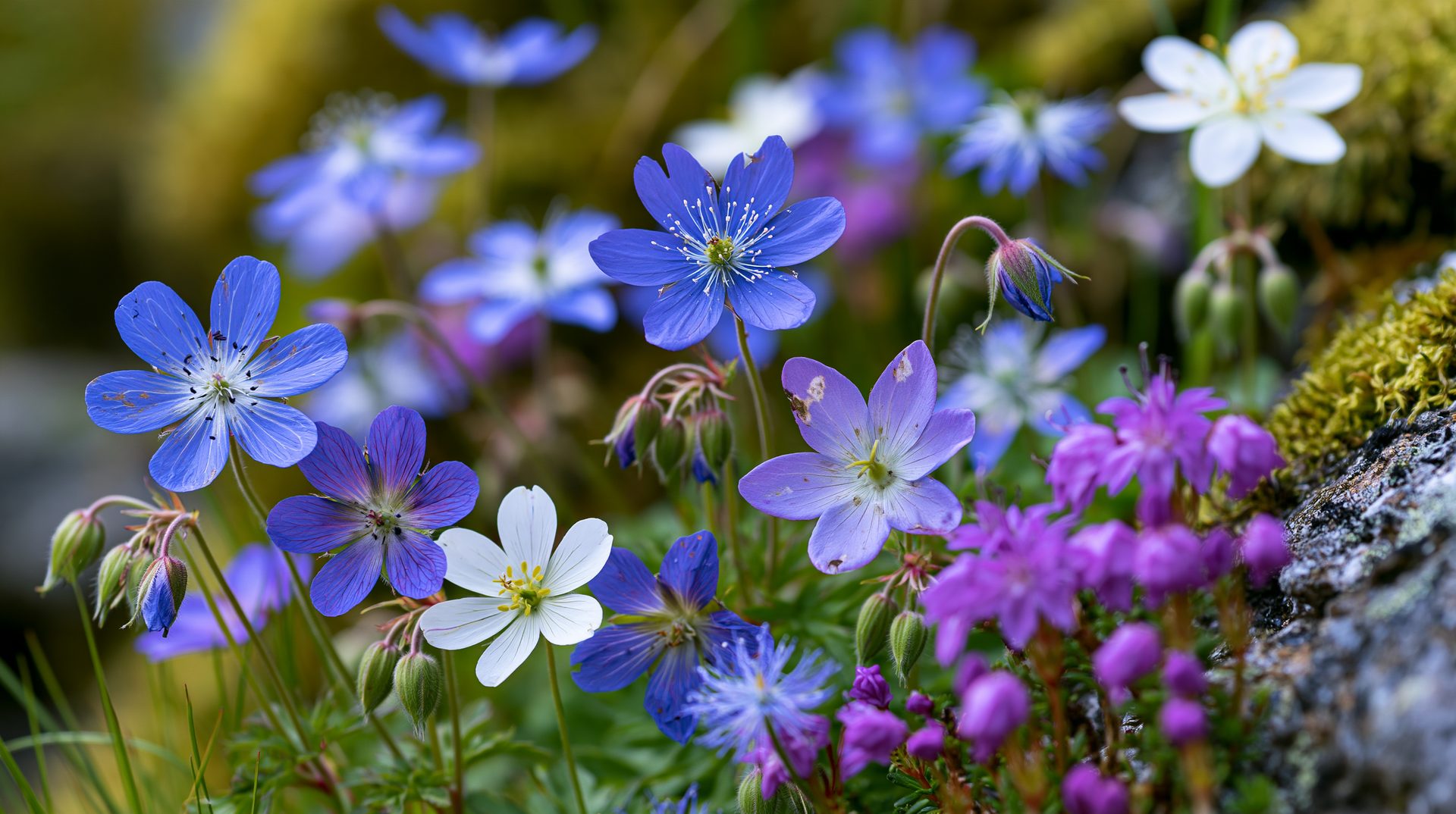 A vibrant close-up photograph showcasing a dense patch of delicate alpine wildflowers blooming in a rocky mountain terrain. The cluster features numerous star-shaped purple-blue hepatica flowers with prominent white stamens, a few soft lavender-pink blossoms, small pristine white flowers with bright yellow centers, and low-growing magenta blooms nestled against moss-covered rocks. The background is softly blurred with a smooth bokeh effect.