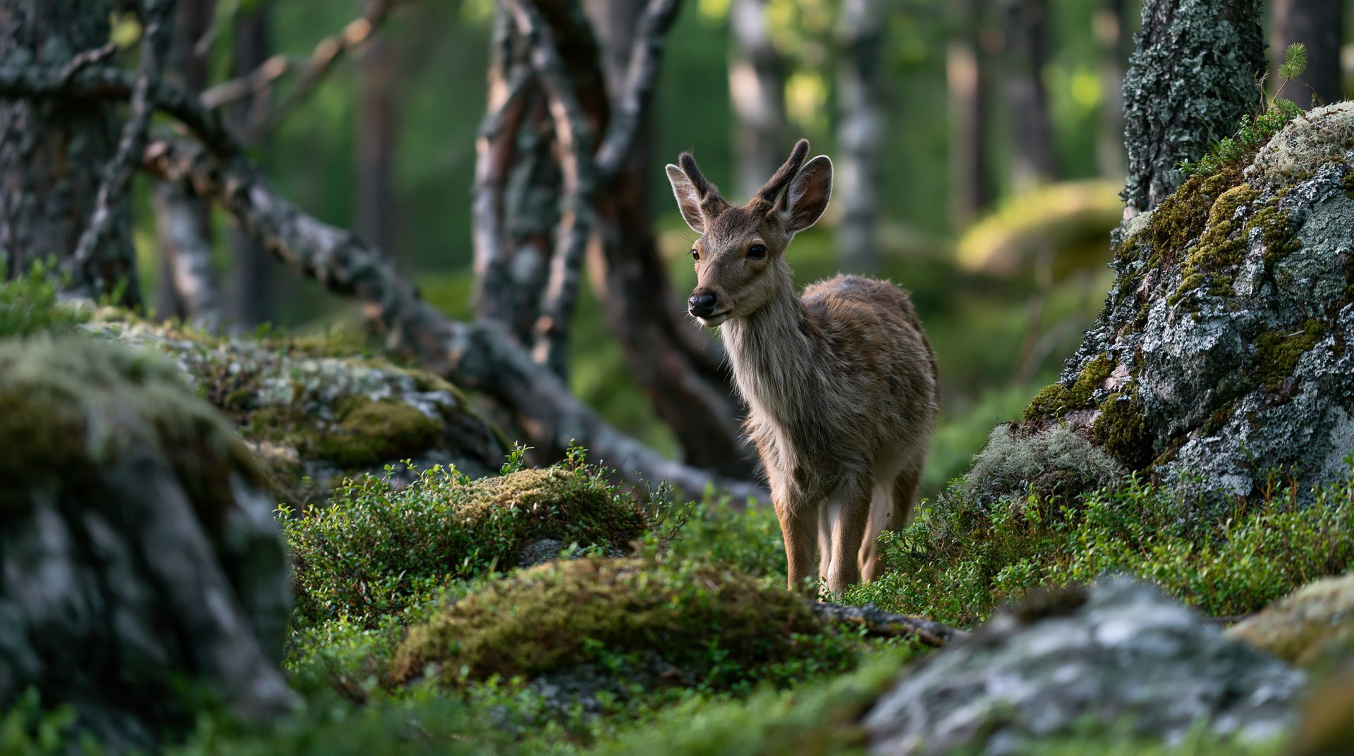 A breathtaking wildlife photograph capturing a young male deer with short, fuzzy velvet-covered antlers standing in a sun-dappled northern forest. The stag looks slightly to the left with wide, alert eyes. The ground is a rich blanket of vibrant green moss and small shrubs, framed closely by large, textured boulders. In the background, the soft focus reveals slender birch and pine trunks with bright green summer foliage filtering pockets of morning light.