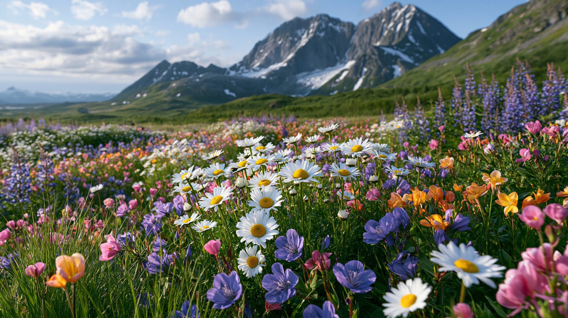 A vibrant carpet of subalpine wildflowers, featuring prominent white oxeye daisies, purple lupines, and orange-pink blossoms, blankets a lush green meadow under a partly cloudy sky with jagged, snow-dusted mountain peaks rising sharply in the background.