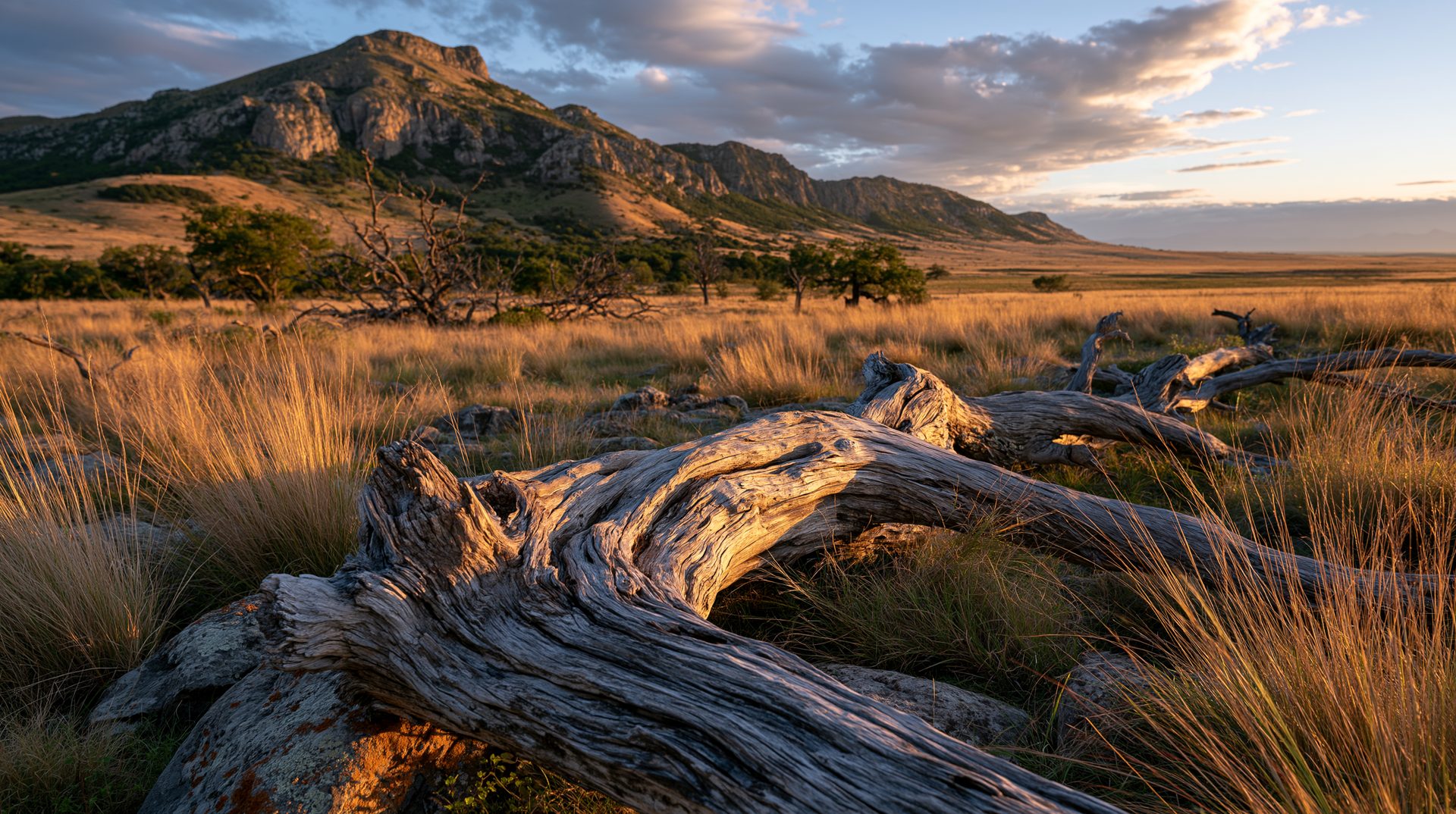 A beautiful golden hour landscape view of a vast valley with a weathered, fallen tree trunk in the foreground, surrounded by amber prairie grass looking toward rugged mountain ridges under a sunset sky.