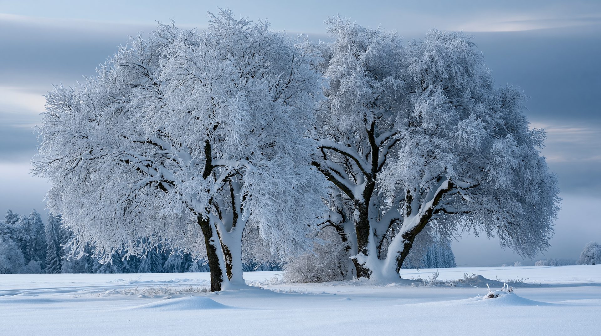 Two large, mature deciduous trees heavily encrusted with thick rime ice stand side-by-side in a vast, snow-covered field under a low, dramatic winter sky.