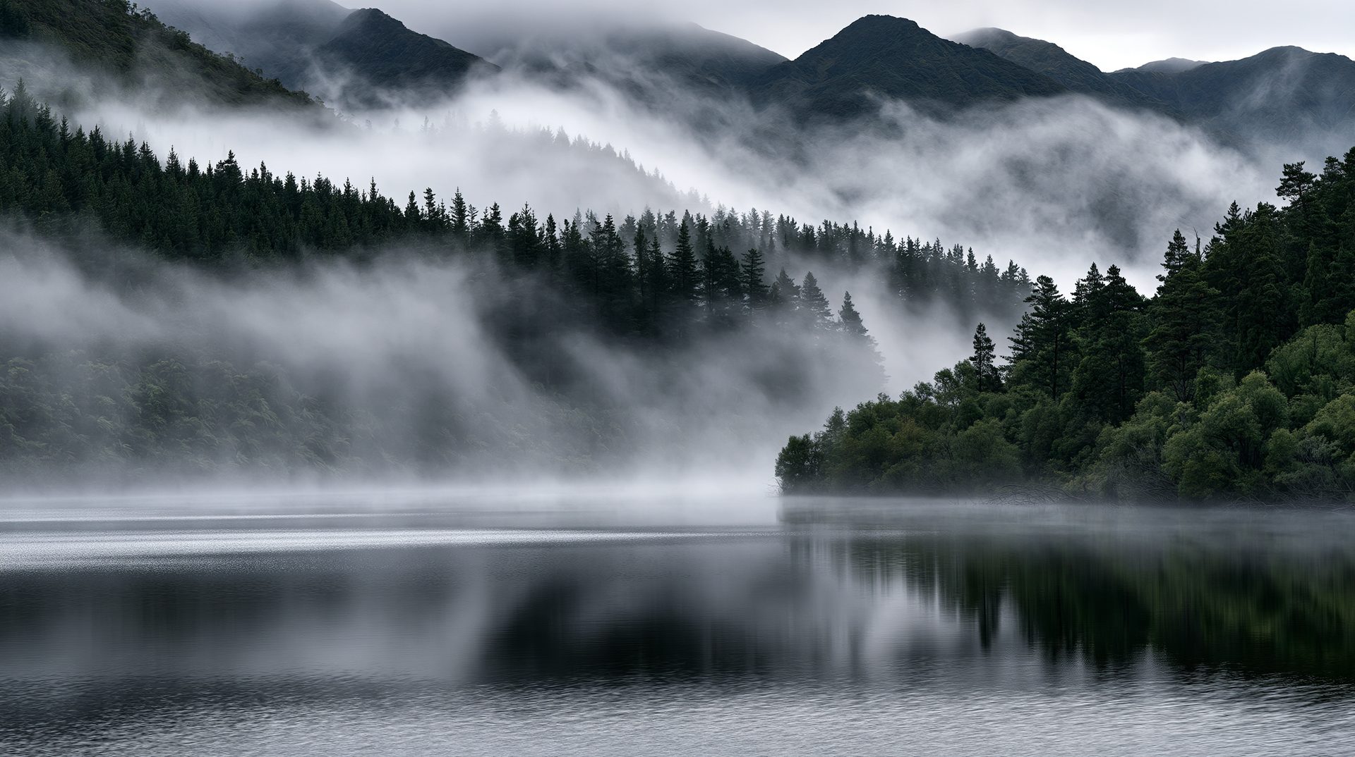 A dramatic landscape view of a calm New Zealand lake at dawn, featuring low-lying white fog rolling over dark green forested mountains and reflecting perfectly on the still water surface under a cloudy sky.