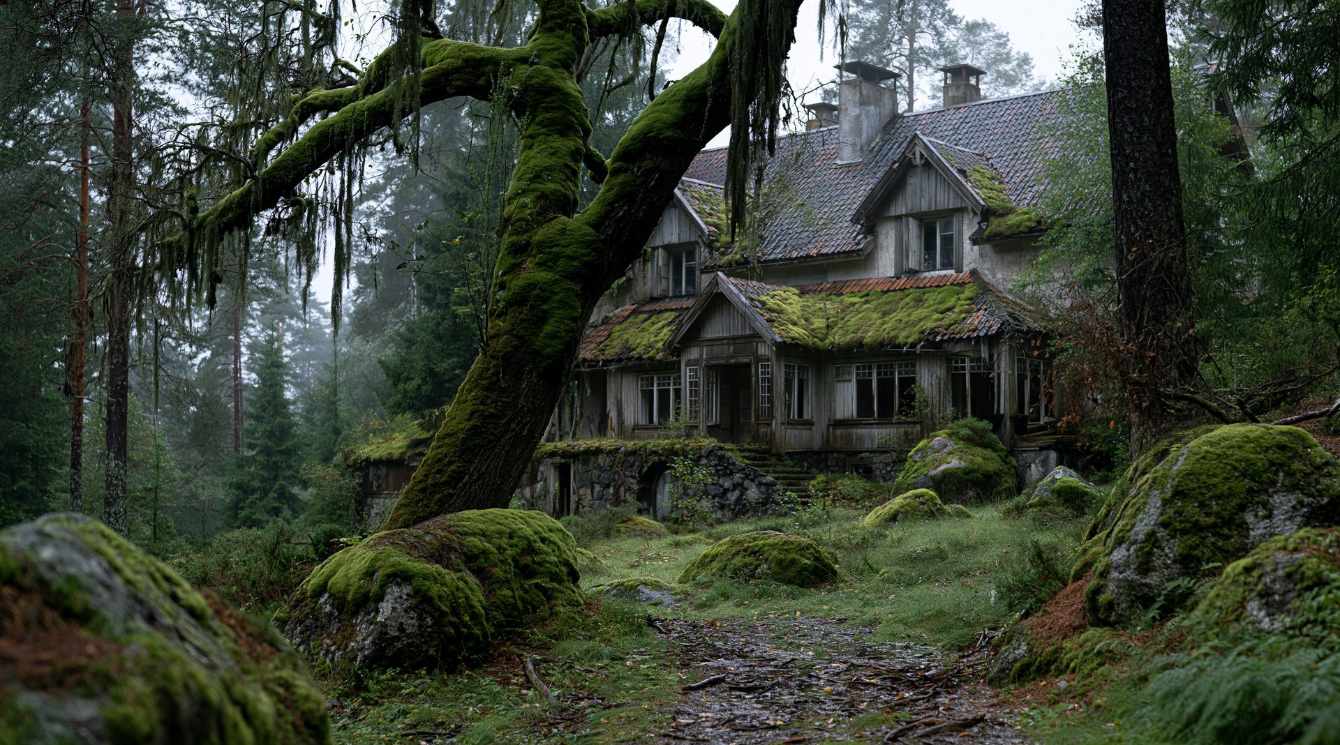 An abandoned, moss-covered two-story wooden manor house tucked deep inside a foggy, green pine forest with a large gnarled tree in the foreground.