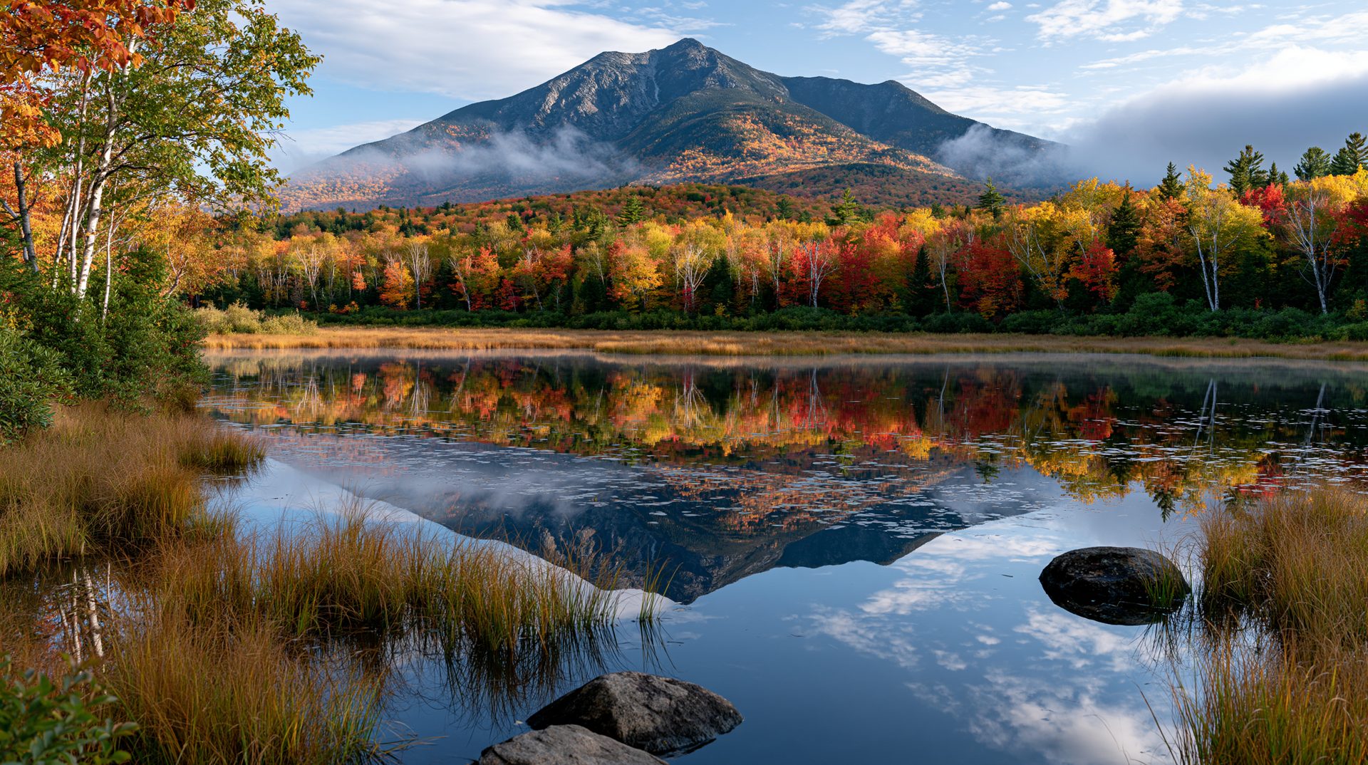 A vibrant autumn landscape landscape showing a clear reflection of a large mountain peak and colorful red and orange trees over the calm waters of a mirror-like lake with rocks in the foreground.