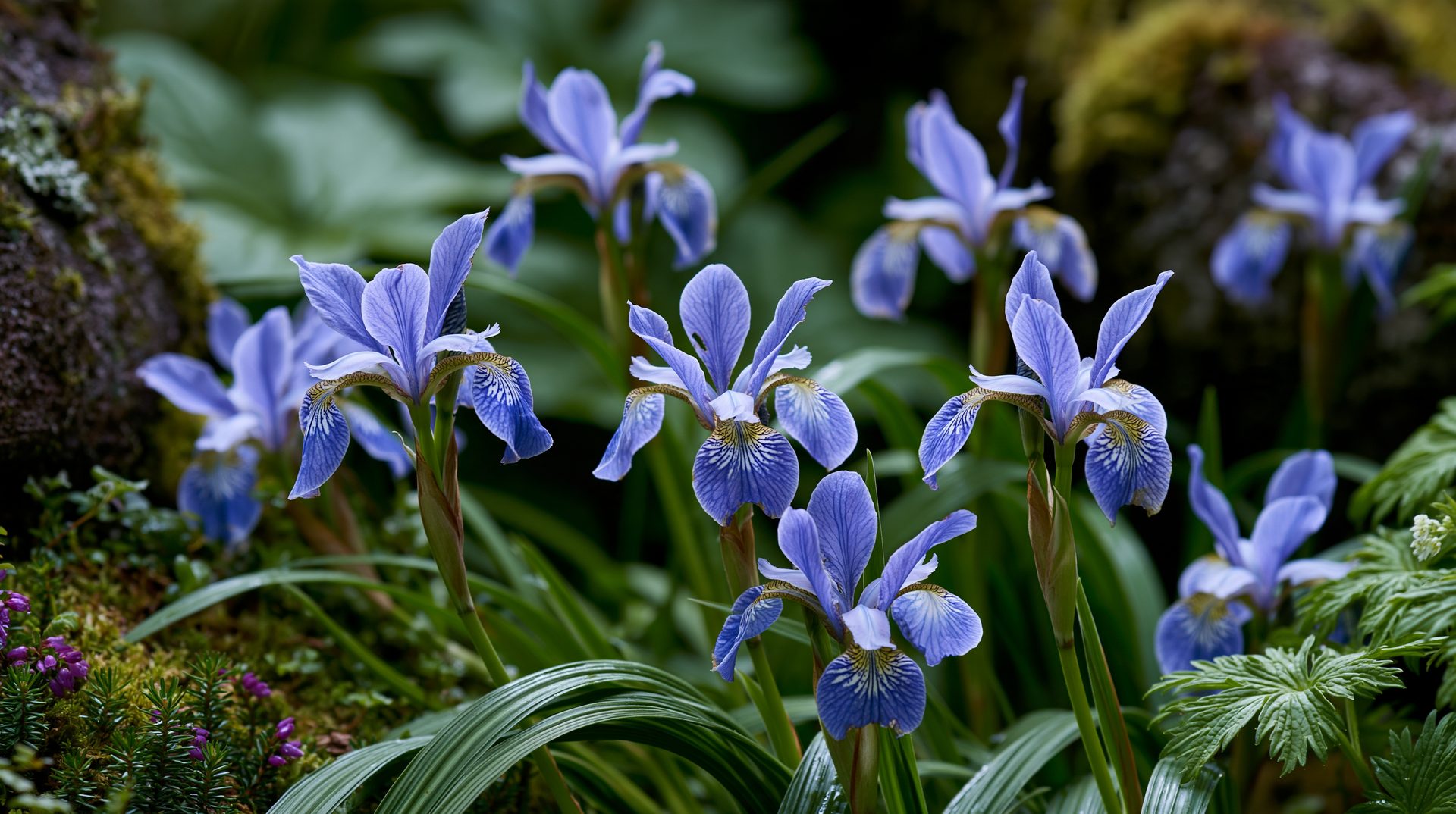 A lush cluster of vibrant purple-blue wild irises blooms from a moss-covered floor, showcasing intricate golden-yellow and white venation on their drooping sepals amid sharp, lance-shaped green leaves under diffuse forest light.