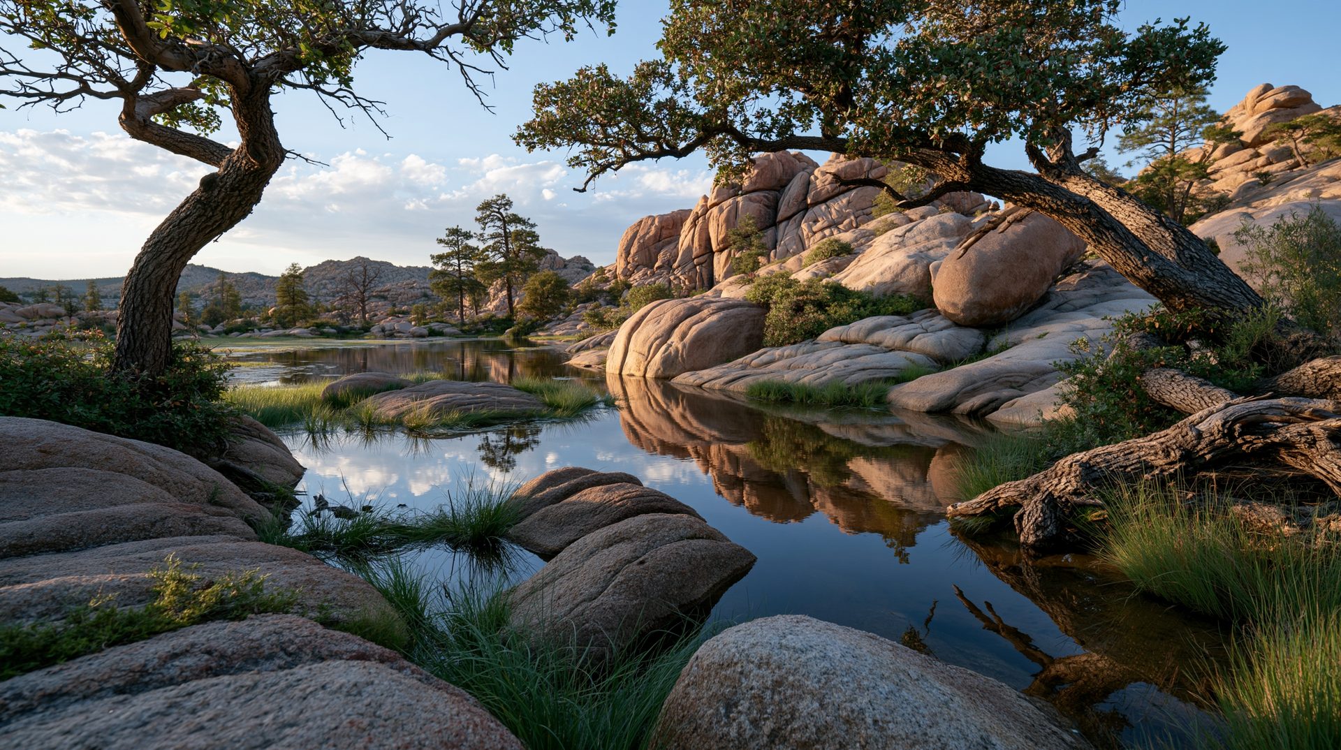 A scenic wide-angle view of a glassy, mirror-calm desert reservoir nestled among giant, rounded pink granite boulders, framed by weathered scrub oak trees under a clear blue morning sky.