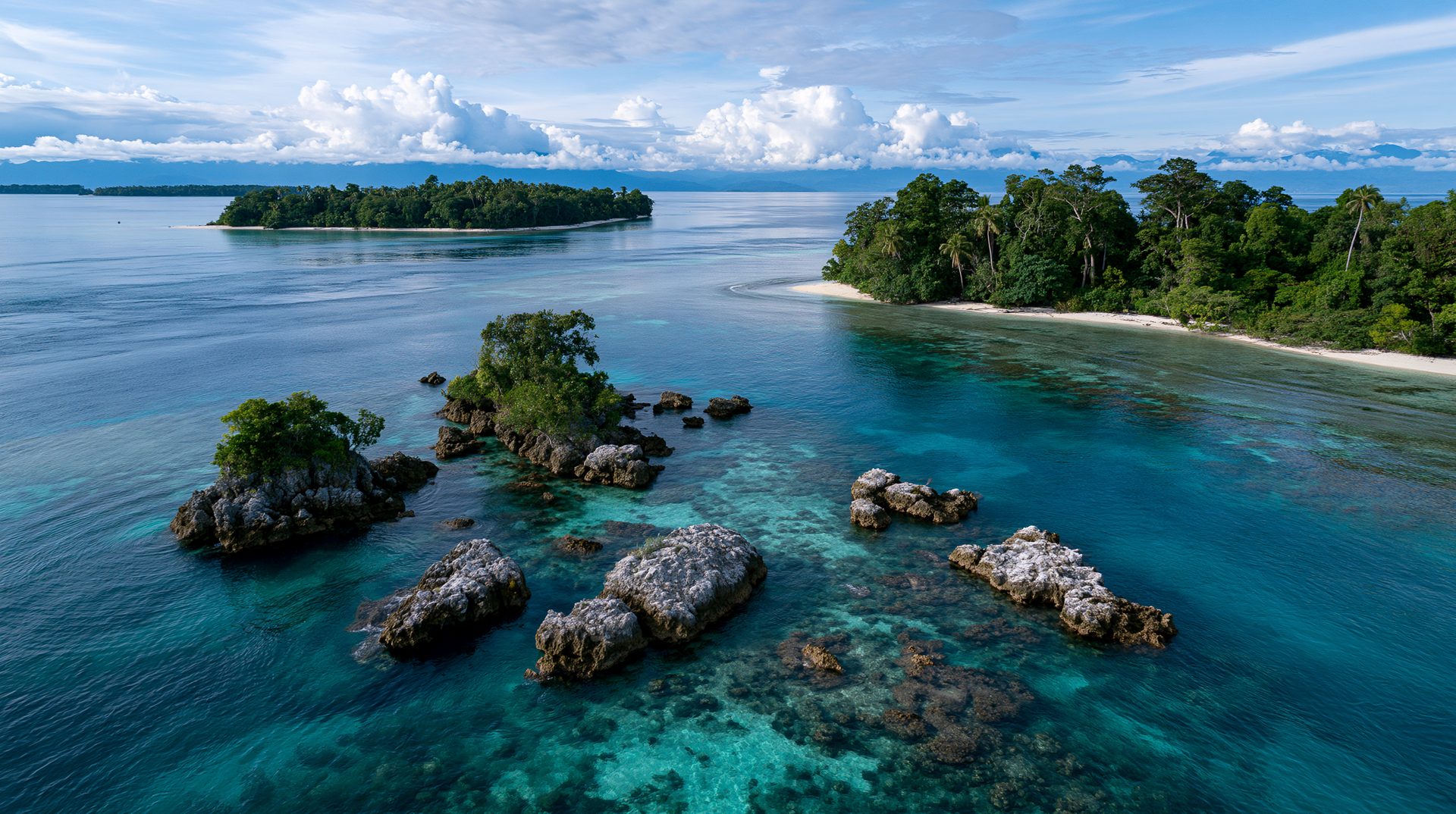 High-angle aerial drone photograph showcasing a cluster of small, rocky limestone islets with green vegetation surrounded by clear, multi-toned blue and turquoise ocean water, with larger forested tropical islands and soft white clouds along the horizon.