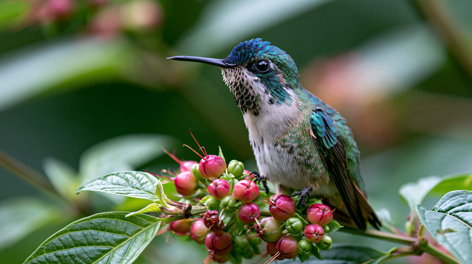 A spectacular close-up photograph of an adult male western emerald hummingbird resting on a bunch of small, budding pink and green berries. The hummingbird features a brilliant iridescent blue and emerald green crown, a crisp white speckled upper throat patch, and deep teal flight feathers. Its straight black bill points to the upper left. The foreground foliage features vibrant serrated green leaves, while the background is smoothly blurred into a rich, velvety canopy of soft greens and pale pink tones.