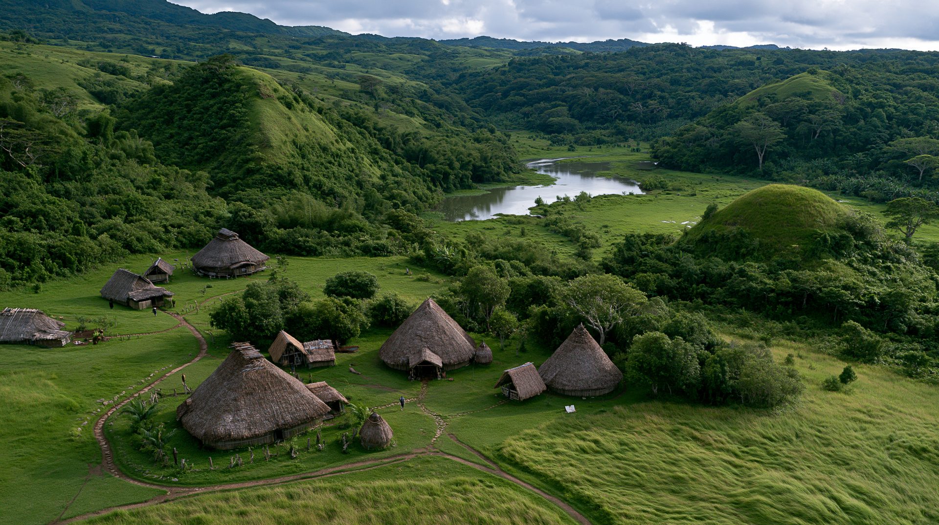 Wide aerial drone photograph of a traditional valley village with conical thatched huts situated among rolling green hills and a winding river under an overcast sky.