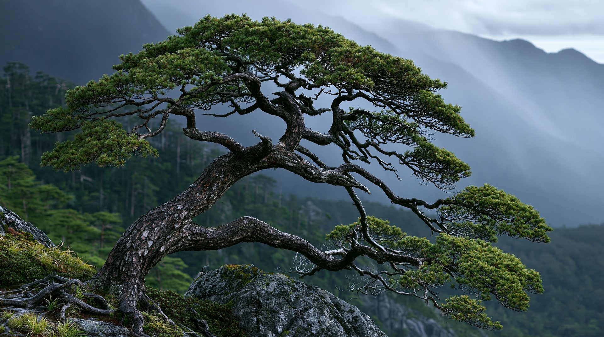 A gnarled, ancient Huangshan pine tree leaning dramatically over a rocky, moss-covered cliff edge against a backdrop of steep, misty mountain layers.