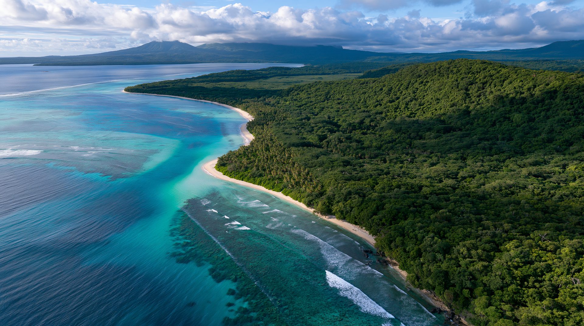 High-angle aerial view of a vast green rainforest coastline opening to a curved white sand beach, vibrant turquoise coral reefs, and distant mountains under a cloudy sky in Vanuatu.