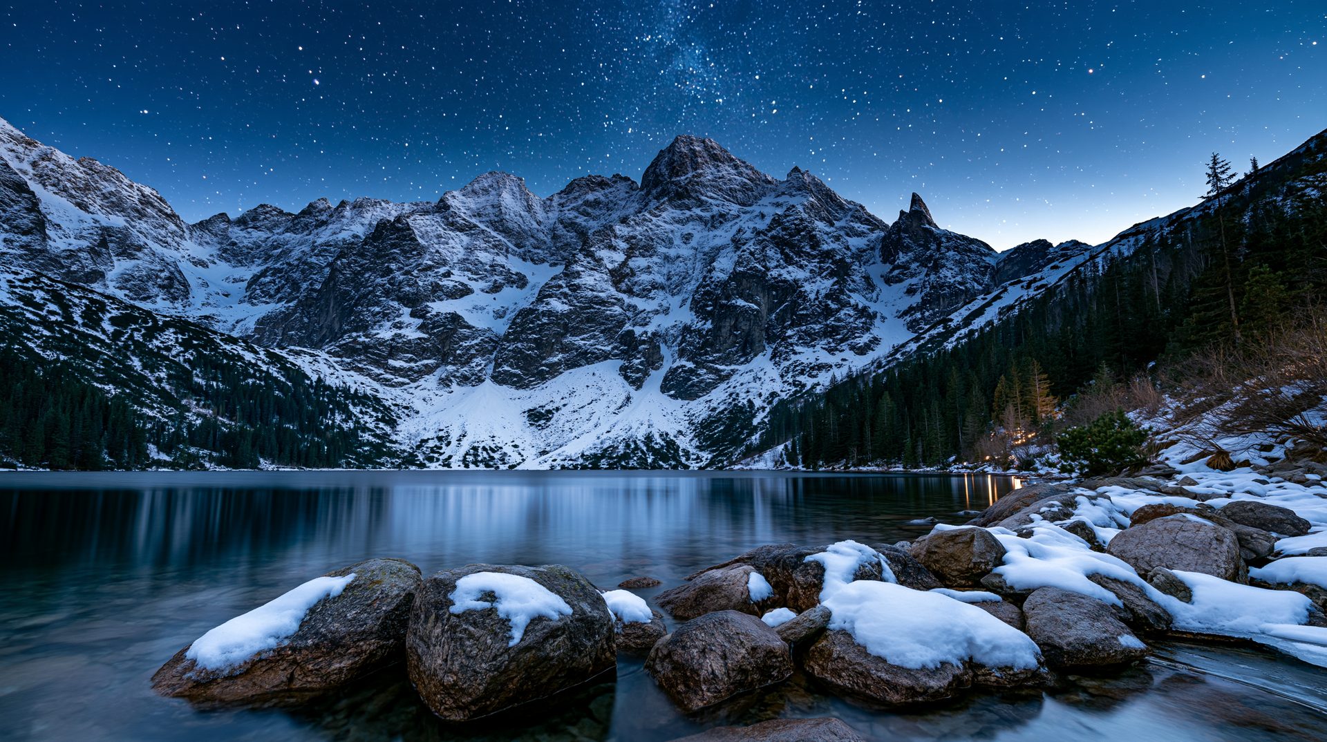 A wide-angle astrophotography shot of a dark mountain lake reflecting snow-dusted granite peaks under a brilliant, star-filled night sky in the High Tatras.