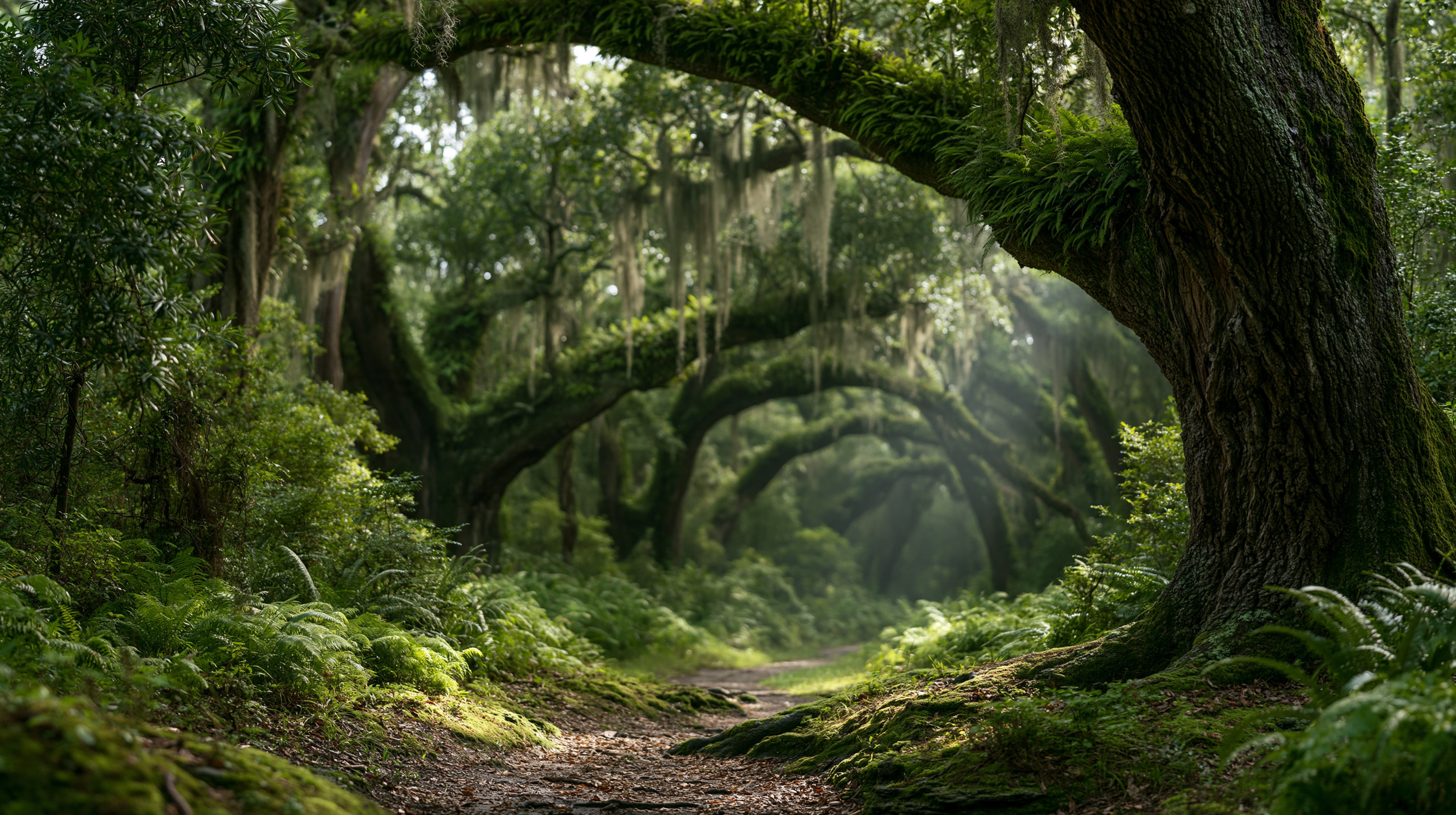 A low-angle shot along a dirt hiking trail that tunnels through a dense maritime forest of massive, twisting live oak trees draped in Spanish moss and resurrection ferns, carpeted by saw palmettos under a dappled canopy.