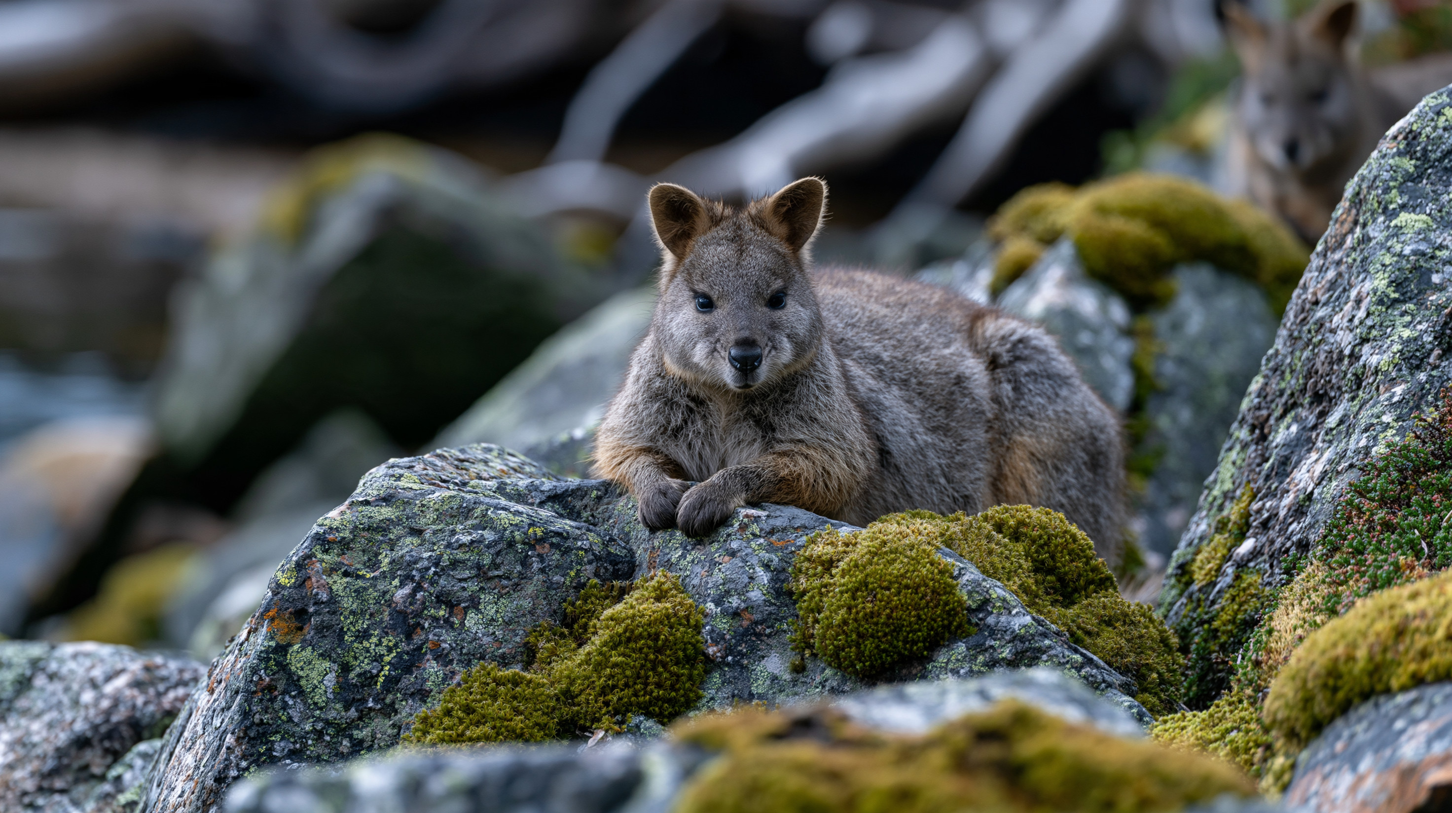 A close-up shot of a compact Tasmanian pademelon with dense brown fur sitting calmly on a mossy, lichen-covered boulder in Cradle Mountain, Tasmania, with a second pademelon softly blurred in the background.