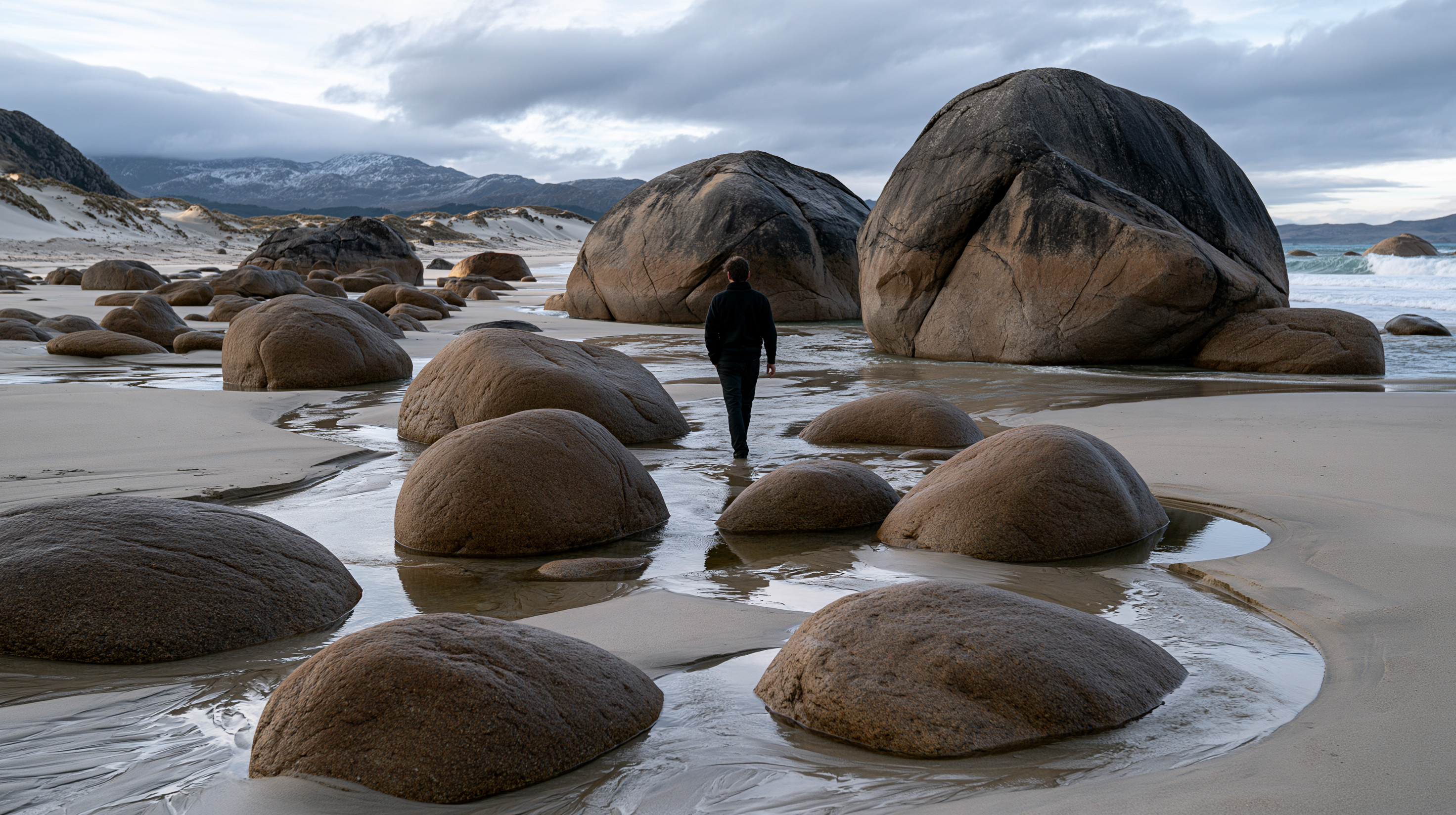 A striking landscape shot of a coastal beach in New Zealand covered in massive, smooth, rounded boulders, with a single person walking through the wet sand under a dramatic, cloudy sky.