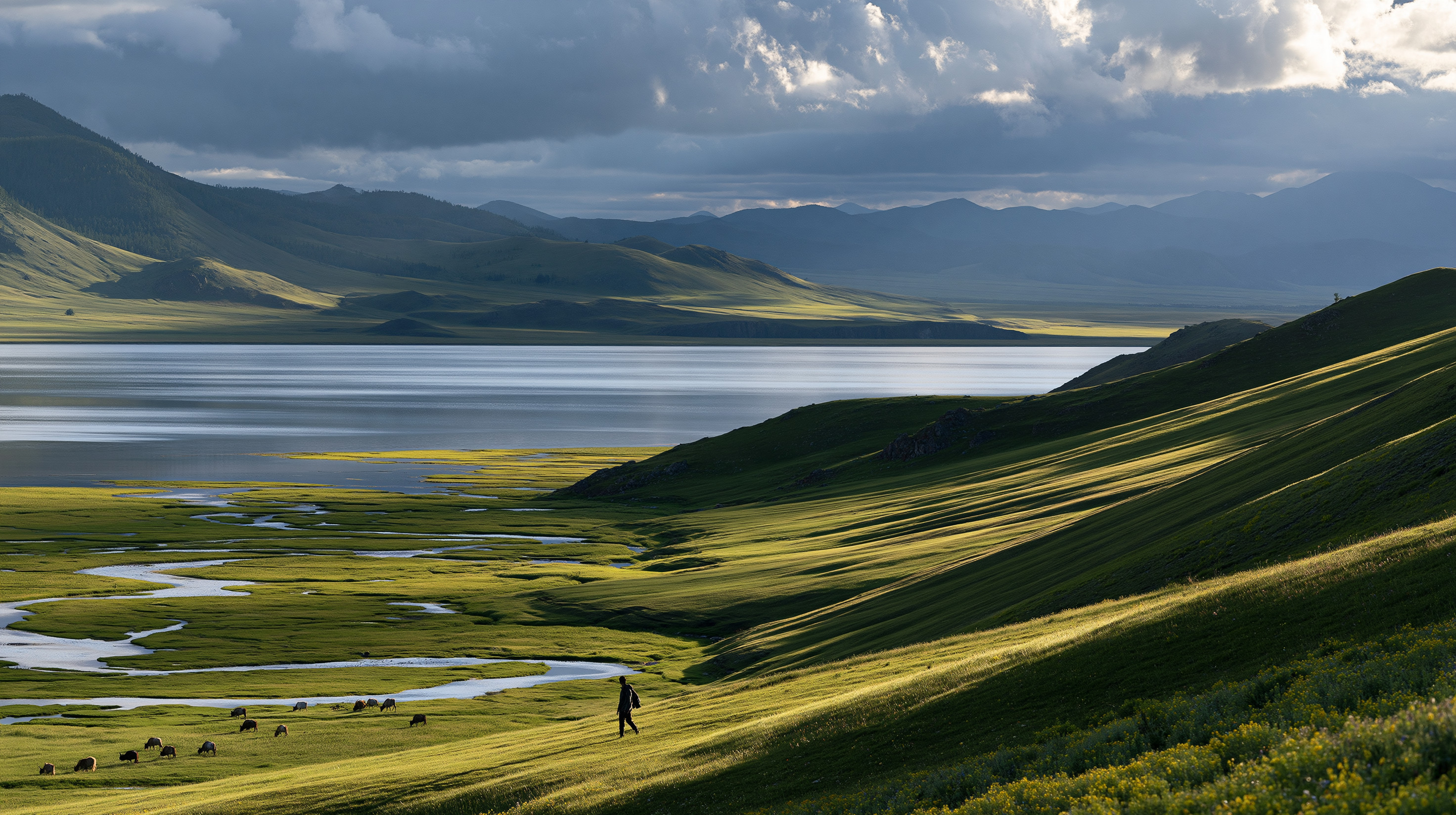 A vast, rolling green alpine landscape featuring a lone traveler walking along a sunlit hillside, a winding river estuary flowing into a calm alpine lake, and small grazing animals under dramatic storm clouds.