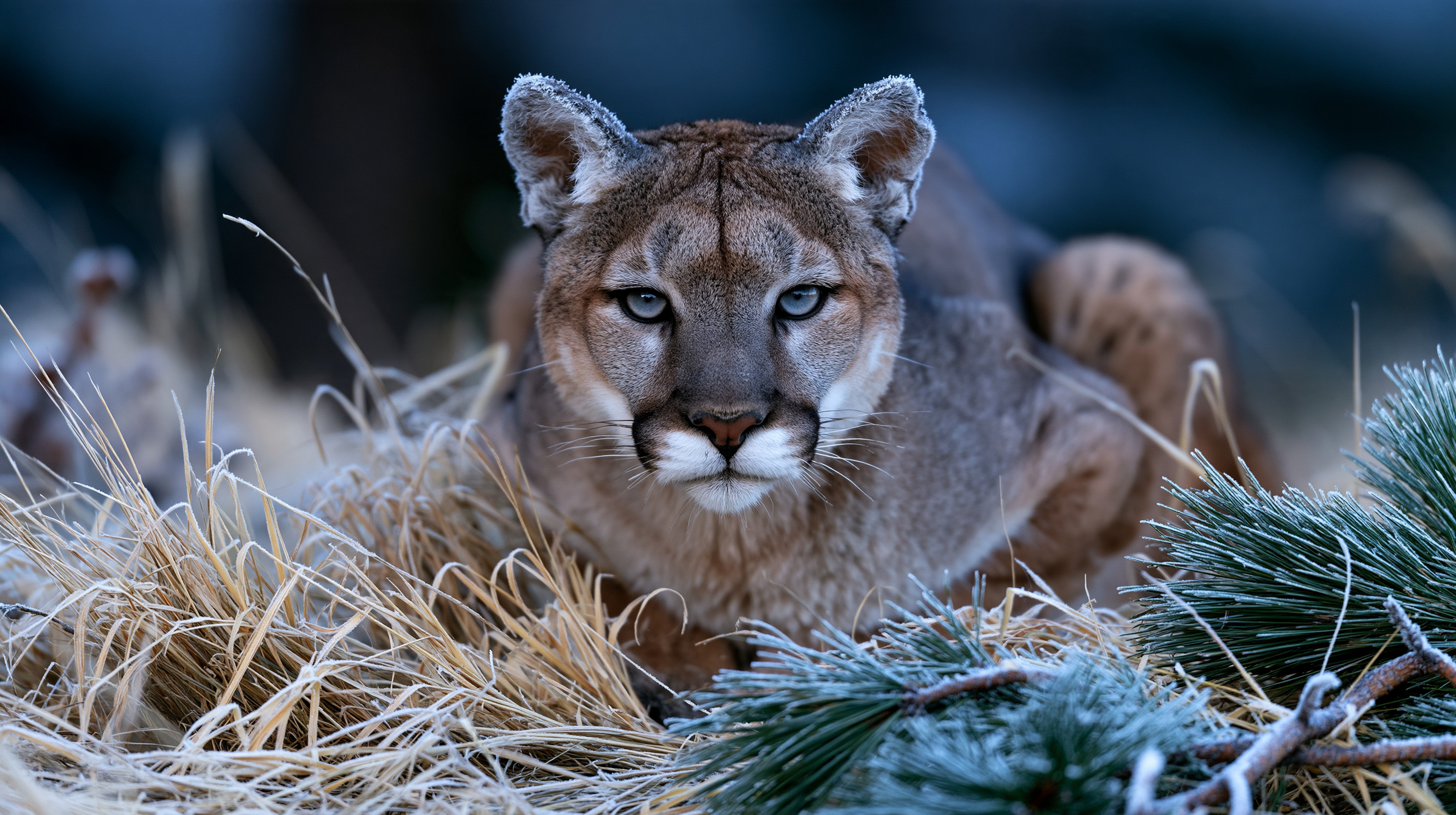 A close-up portrait of an adult cougar crouching low and staring intently forward into the camera, surrounded by frost-dusted pine needles and dry yellow grasses in a dimly lit, cold winter forest.