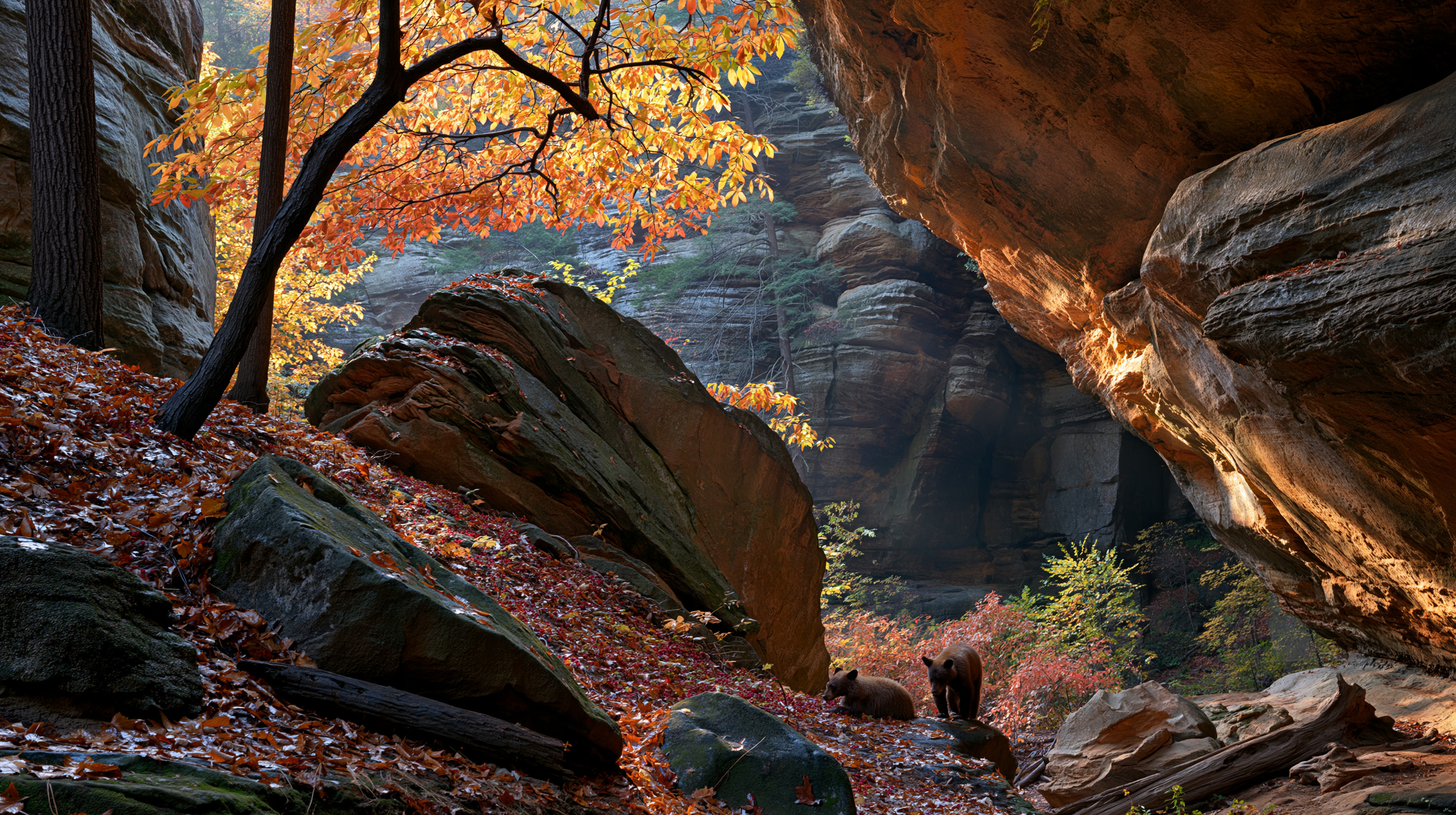 Two black bears forage on a steep, rocky forest slope covered in autumn leaves, framed by massive, overarching sandstone cave formations and glowing golden foliage.