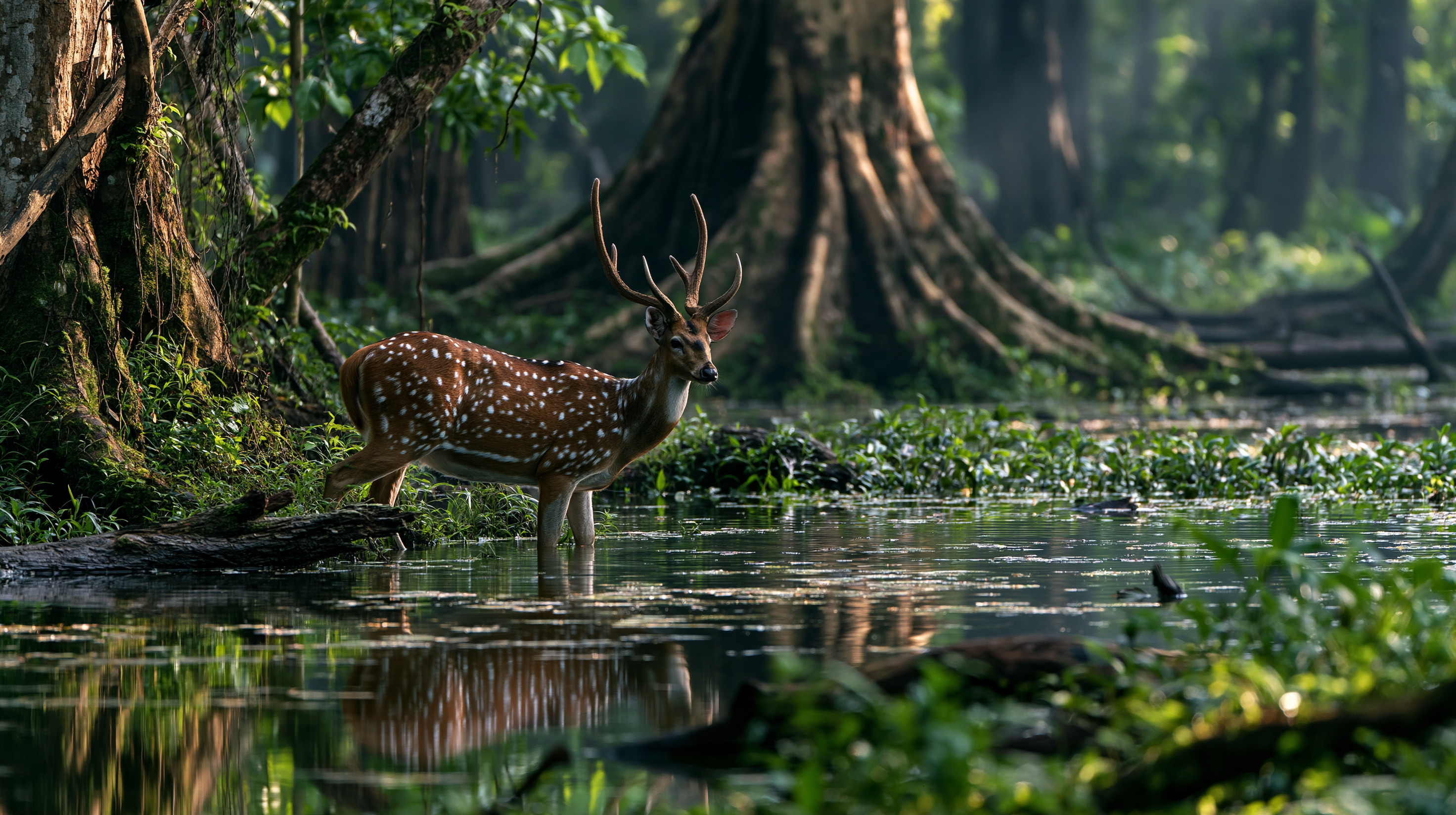 A beautiful, low-angle telephoto shot of a male chital deer with sharp antlers standing knee-deep in a calm, dark swamp river, its spotted coat reflecting perfectly on the glassy water surface with massive buttressed tree roots and thick green marsh foliage filling the misty background.