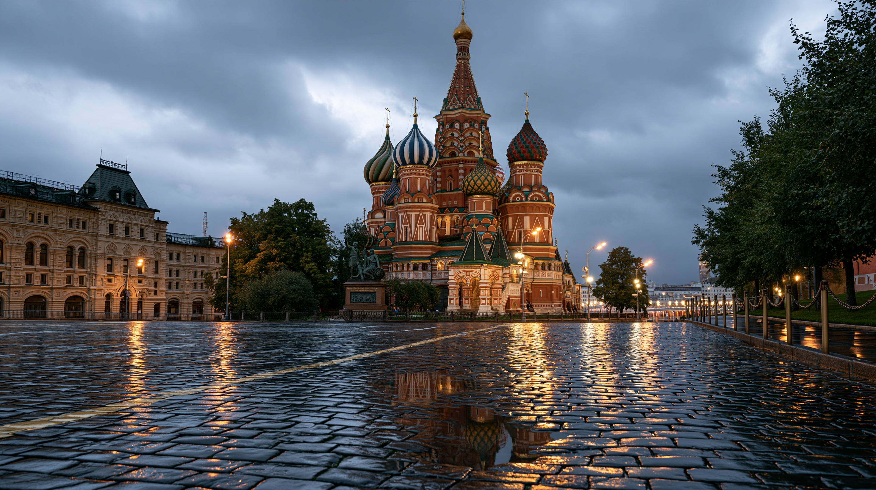 A low-angle twilight view of an empty, rain-slicked cobblestone street in Red Square looking toward the illuminated St. Basil's Cathedral under a dramatic, cloudy storm sky.