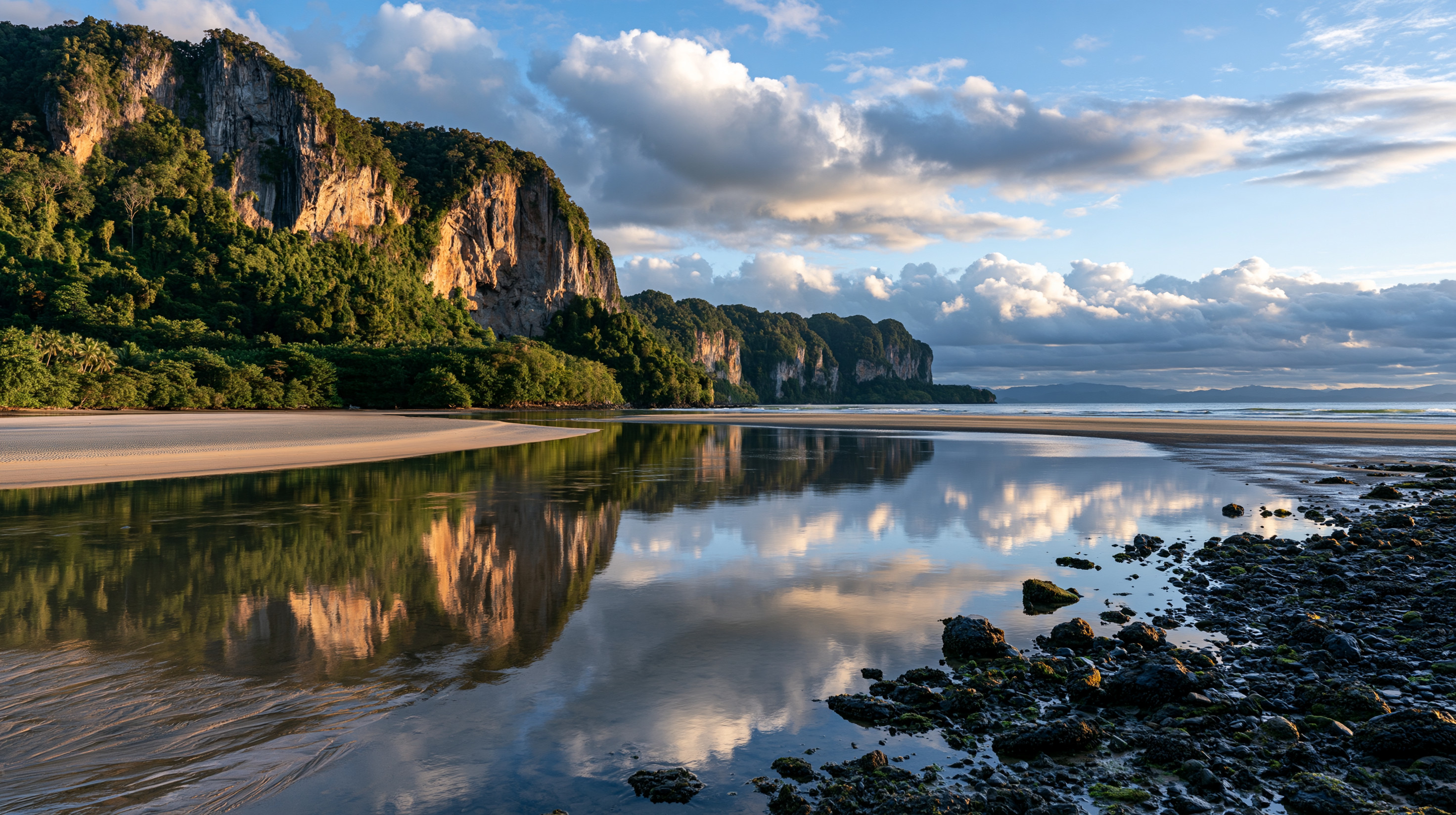 A scenic wide-angle view of massive limestone cliffs reflected perfectly in a tranquil low-tide pool on a sandy beach under a cloudy blue sky in Krabi, Thailand.