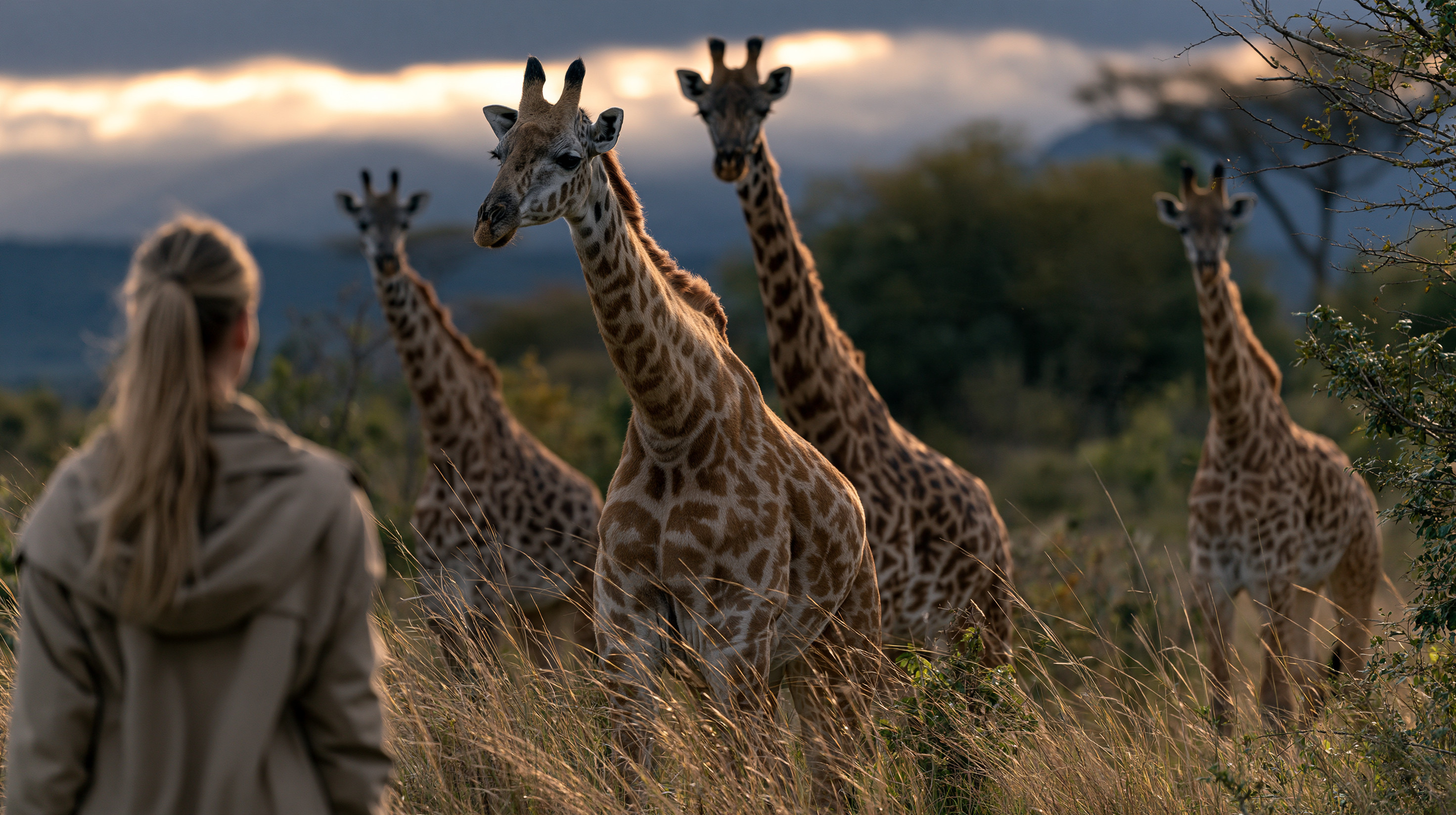 A medium-format horizontal shot of a blonde woman seen from behind in a beige safari jacket, looking across the golden grass of an African savanna toward four towering giraffes that are closely watching her under a dramatic evening twilight sky.