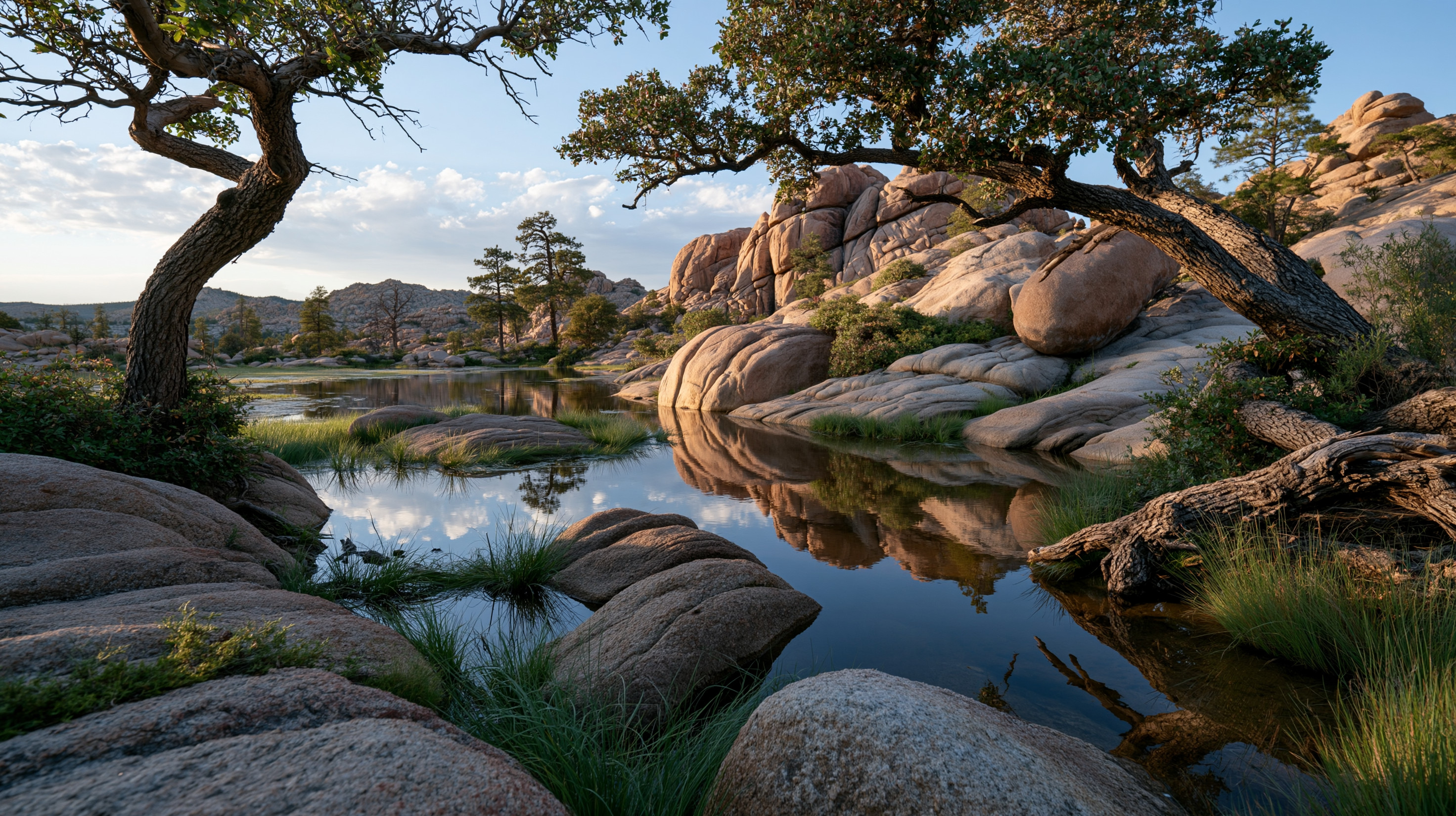A scenic wide-angle view of a glassy, mirror-calm desert reservoir nestled among giant, rounded pink granite boulders, framed by weathered scrub oak trees under a clear blue morning sky.