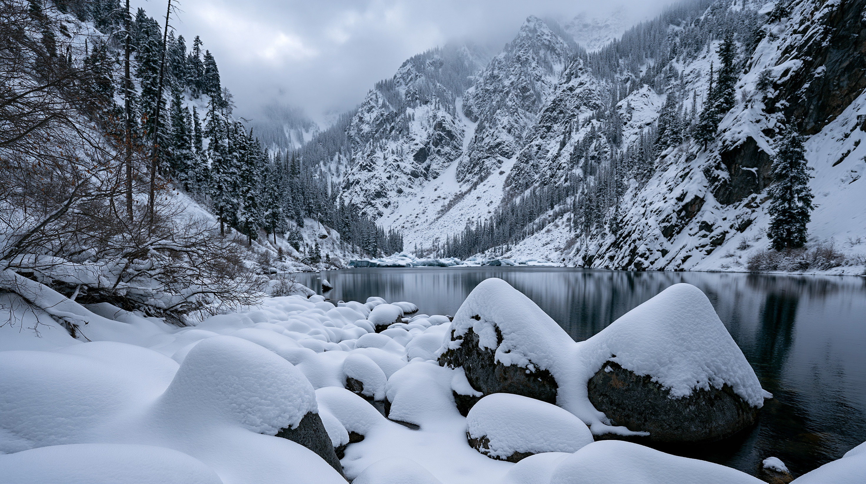 Smooth, heavy mounds of fresh snow cover large boulders along the edge of a calm, dark alpine lake, which reflects steep, snow-dusted mountain slopes and evergreen forests cloaked in low winter clouds.