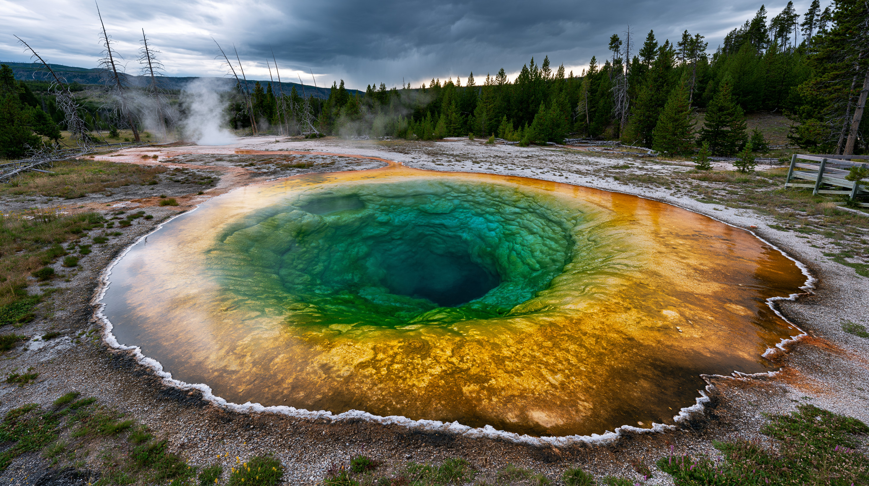 A wide-angle photograph of the Morning Glory Pool hot spring in Yellowstone, displaying a deep blue-green center surrounded by rings of bright yellow and orange microbial mats under a cloudy sky.
