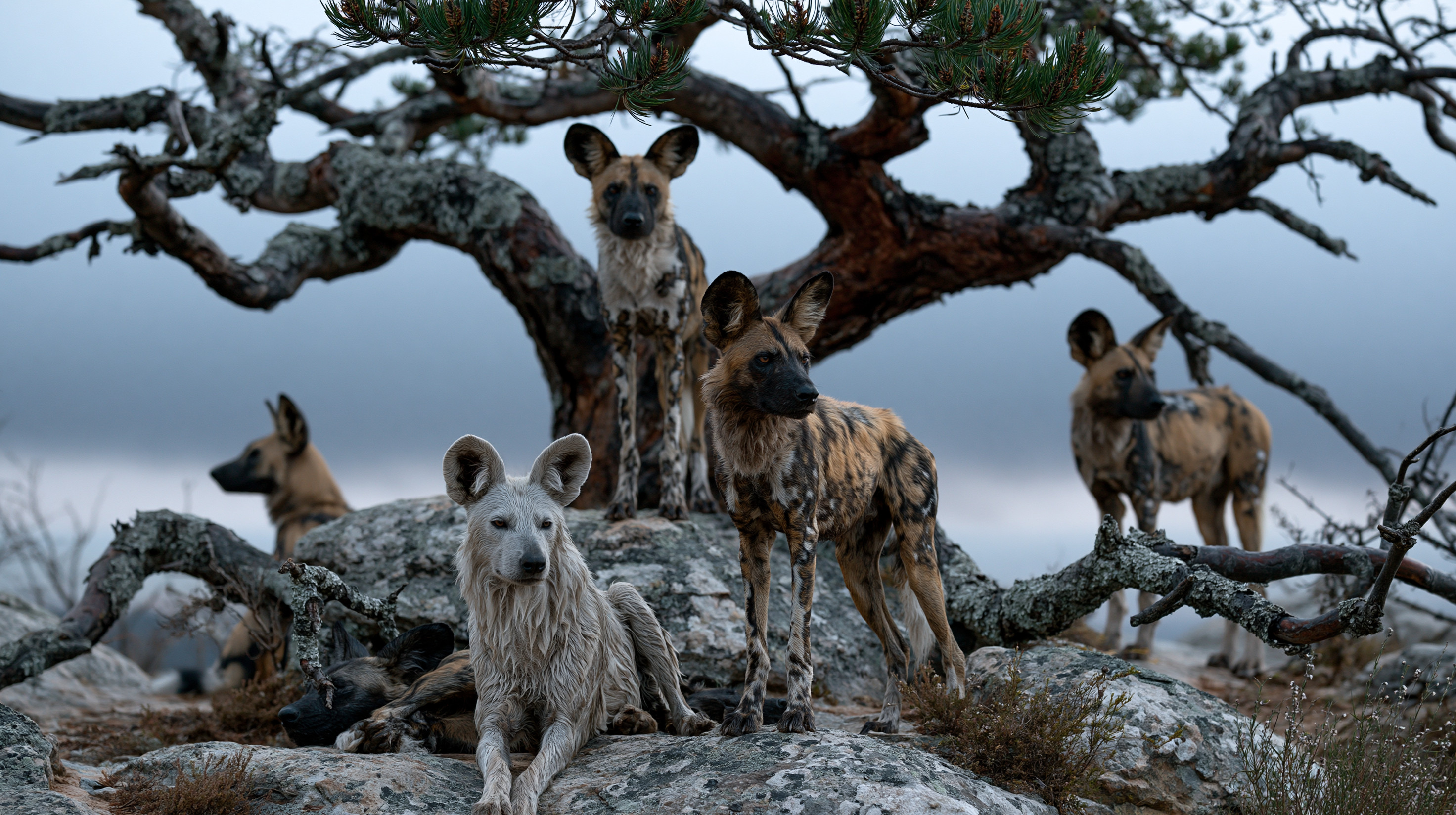 A pack of five African wild dogs stands and rests on a rocky, lichen-covered ridge beneath a sprawling, ancient pine tree under a heavy, overcast grey sky, featuring one rare, predominantly white-coated individual resting in the foreground.