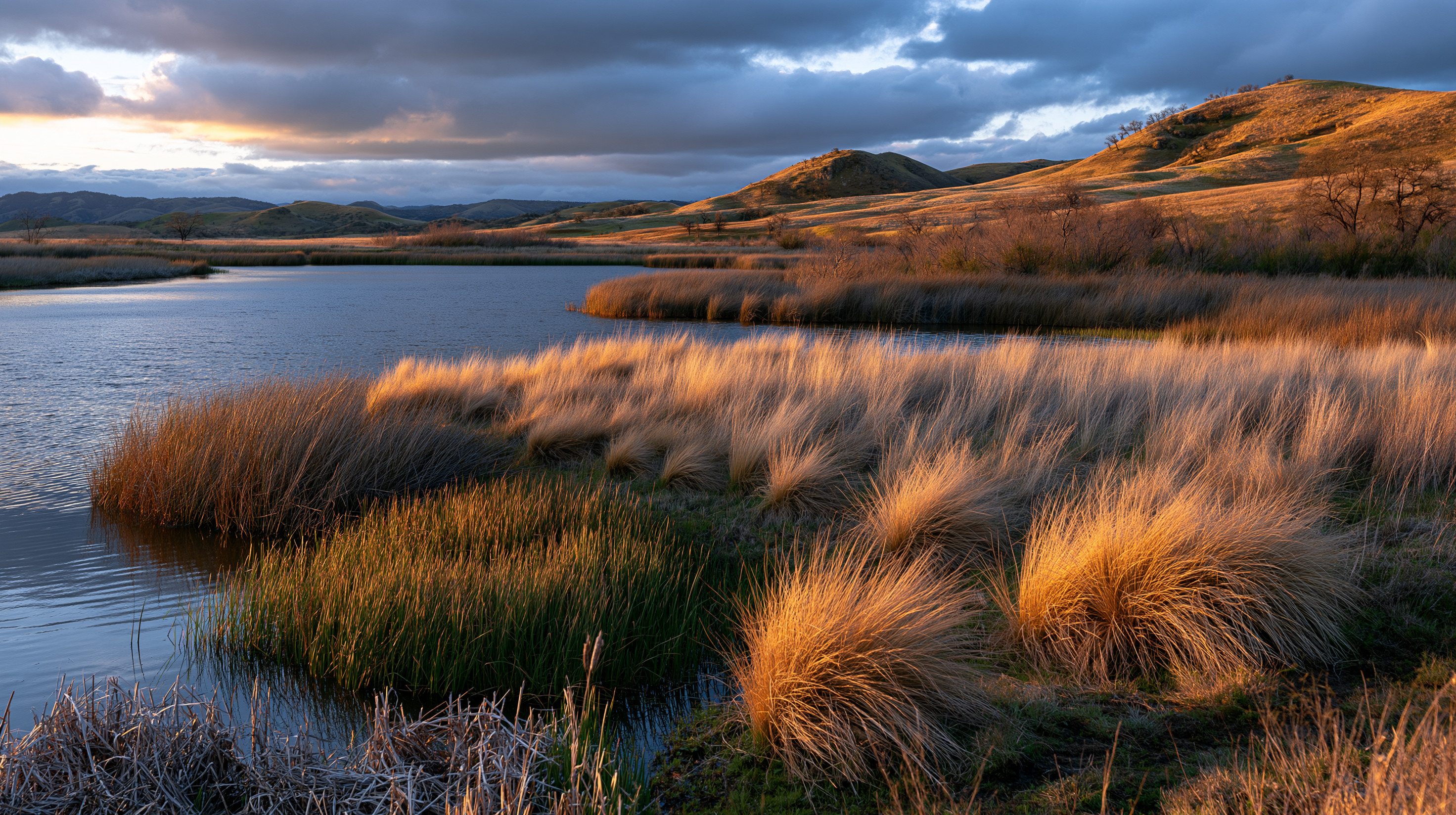 A beautiful golden hour view over a tranquil marsh at Coyote Hills Regional Park, showing amber sunlit grasses in the foreground looking across the water toward rolling green hills under a dramatic stormy sky.