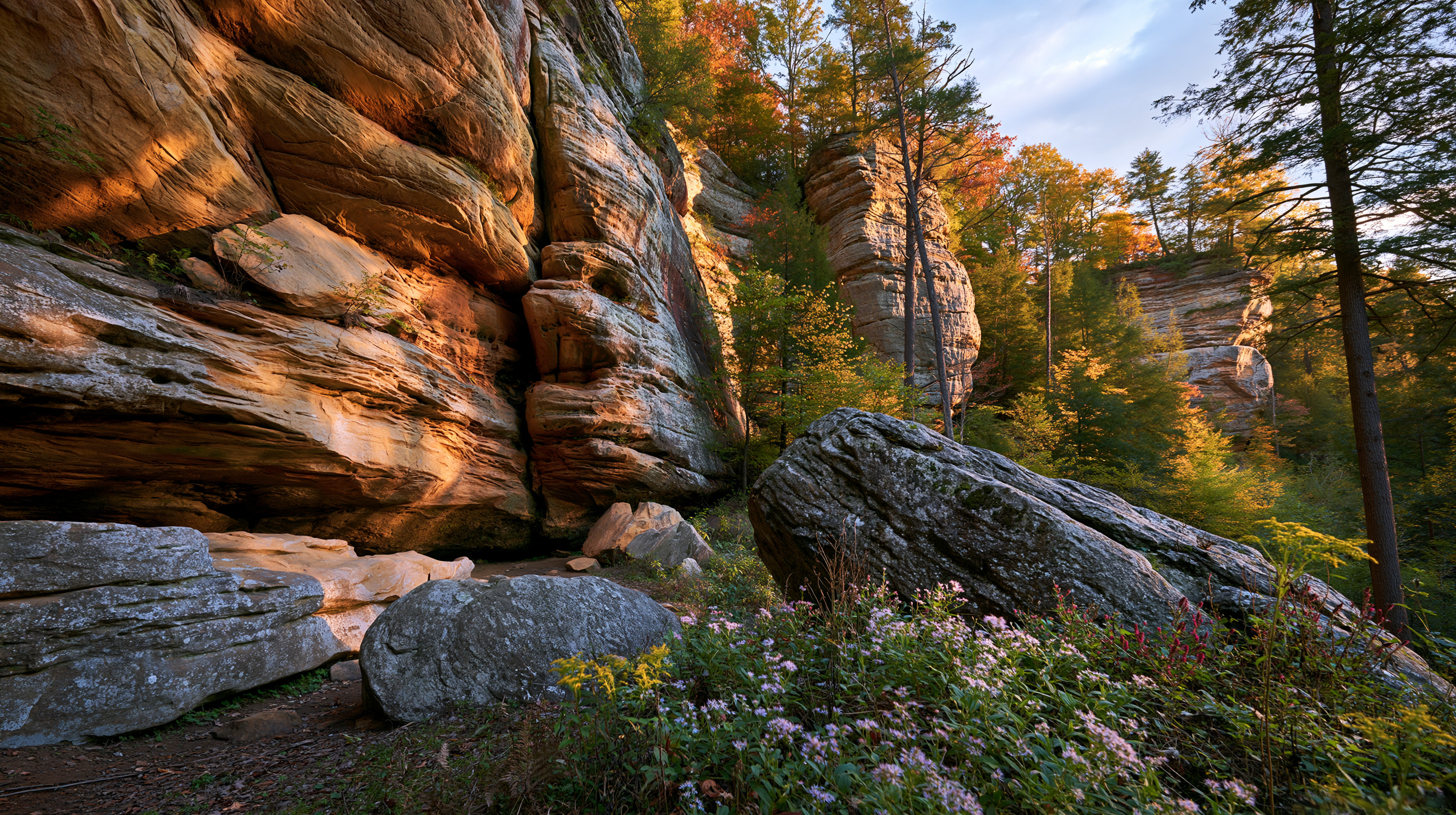 Massive, layered sandstone cliffs loom over a rocky canyon basin blanketed in pink and yellow autumn wildflowers, under the warm, golden light of a late afternoon sun illuminating the changing fall foliage.