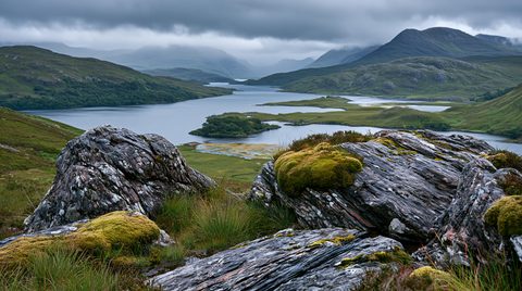 A majestic, wide-angle landscape photograph looking out over a massive, twisting freshwater loch in the Scottish Highlands under a heavy, overcast gray sky. In the foreground, large, dark, weathered rock boulders are heavily textured with patches of vibrant green moss and coarse grass. The deep blue water of the loch curls past small green islands and low-lying marshlands in the mid-ground, surrounded on all sides by rolling green hillsides and steep mountain ranges that fade into a low ceiling of soft mist.