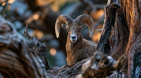 A close-up portrait of a wild Sierra Nevada bighorn sheep ram with thick, tightly curled horns, looking directly into the camera while framed tightly between the textured, weathered trunks of old-growth Sierra juniper trees under soft, golden lighting.