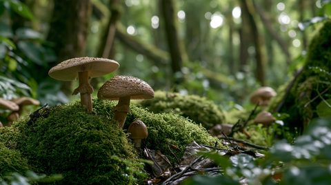 A close-up macro shot of a prominent parasol mushroom sprouting alongside a smaller juvenile from a vibrant green, moss-covered log, with delicate white-flecked scales visible on their caps against a soft, sun-dappled woodland backdrop.