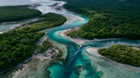 A high-angle aerial view of a twisting turquoise river estuary carving through a vast, dense green tropical forest and mangrove swamp under daylight in Vanuatu.