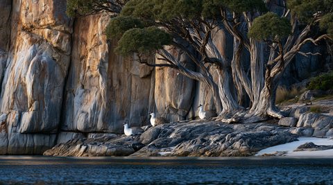 A scenic landscape photograph of a small group of grey Cape Barren geese resting on massive granite coastal rocks beneath a weathered coastal tree along a Tasmanian shore.
