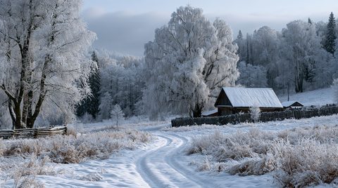 A picturesque winter landscape in Russia featuring a snow-covered wooden cabin, a winding path with tire tracks, and large trees heavily covered in white rime frost under a soft sky.