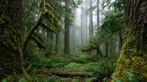 An ancient, moss-draped temperate rainforest featuring massive tree trunks, a dense understory carpeted with vibrant green ferns, and thick white fog weaving between towering evergreens in the background.