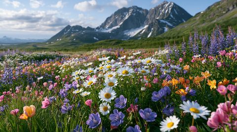 A vibrant carpet of subalpine wildflowers, featuring prominent white oxeye daisies, purple lupines, and orange-pink blossoms, blankets a lush green meadow under a partly cloudy sky with jagged, snow-dusted mountain peaks rising sharply in the background.