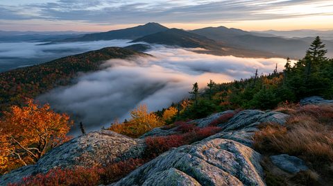 A panoramic morning view from a rocky, lichen-covered mountain peak looking out over a massive white cloud inversion filling a valley surrounded by autumn-colored ridges under a soft sunrise sky.