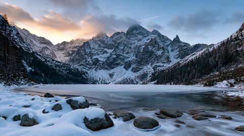 A low-angle, wide-angle landscape photograph of a frozen alpine lake completely surrounded by snow-covered granite peaks under a golden winter sunset.