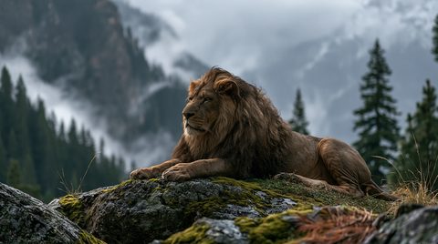 A majestic male lion with a thick, dark mane rests proudly on a moss-covered boulder on a mountain ridge, looking out over a deep, pine-forested valley engulfed in heavy white fog under steep, snowy peaks.