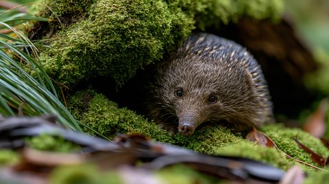 A close-up shot of a short-beaked echidna peering out from a dark, moss-covered log hollow in a temperate Tasmanian rainforest.