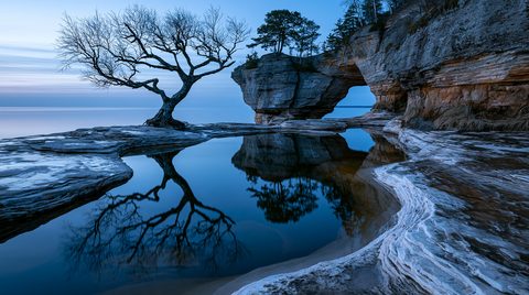 A low-angle wide landscape photograph at blue hour showing a bare, gnarled tree standing on a rocky sandstone shelf next to a smooth reflection pool that perfectly mirrors its branches and a large stone archway along a calm lake shore.