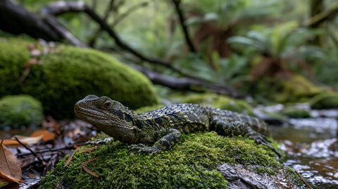 A sharp close-up photograph of an Australian water dragon lizard resting on a green mossy rock next to a flowing rainforest stream.