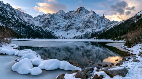 A wide-angle, symmetrical winter photograph of a partially frozen mountain lake reflecting towering, snow-capped granite peaks under a golden twilight sky in the High Tatras.