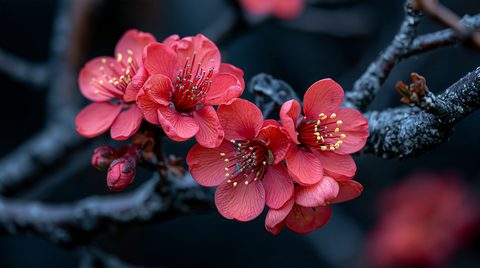 A close-up macro photograph of a cluster of vibrant coral-red flowering plum blossoms with prominent yellow stamens growing on a dark, textured branch against a blurred background.