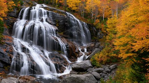A large, multi-tiered waterfall cascading down a dark, rocky cliff face, surrounded by vibrant yellow and orange autumn trees in a New Hampshire forest.